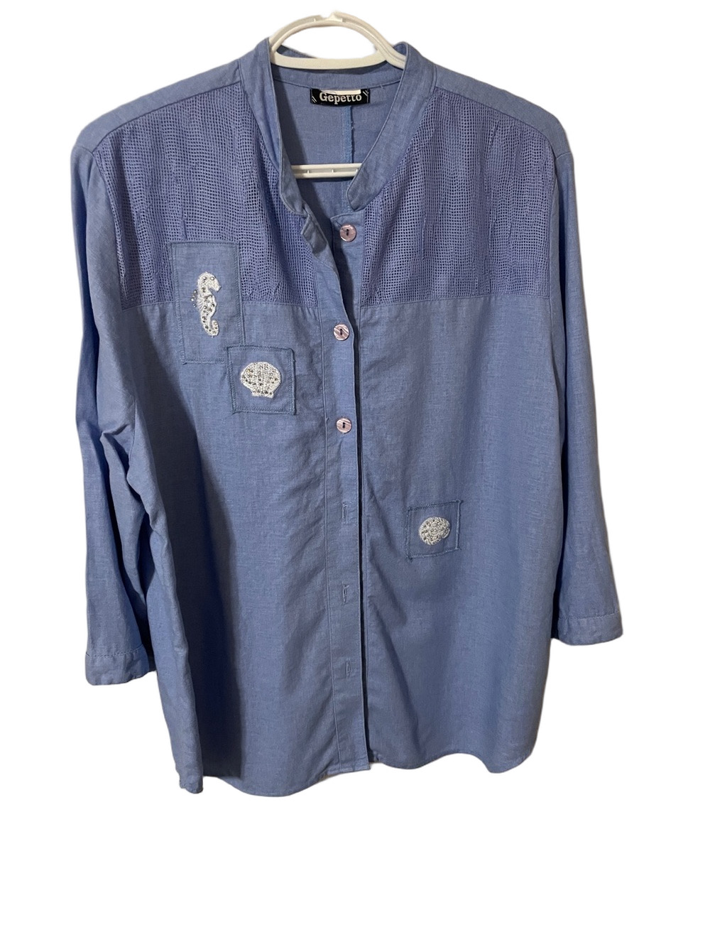 Gepetto Light Blue Button-Down Shirt with Embroidered Details Size  Large